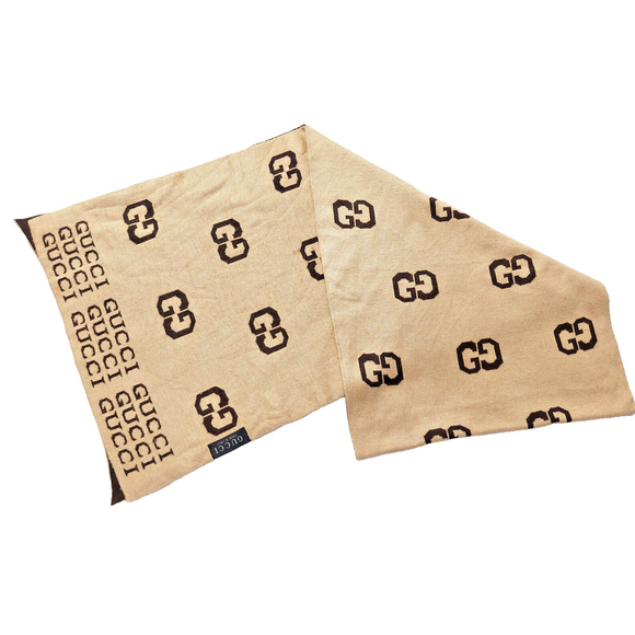 Gucci Brown & Tan Reversible Monogram GG Print Scarf Pre-owned - Picture 1 of 16